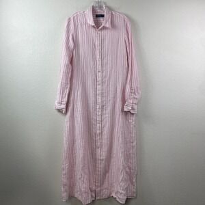 Polo Ralph Lauren Pink White Striped Linen Maxi Shirt Dress Womens Size 12